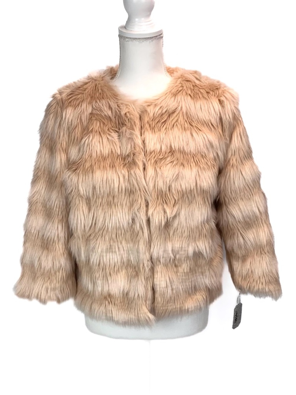NWT Mossimo Faux Fur Coat JR L Hook Eye Cropped 3/4 Sleeve Pockets Lined Peach